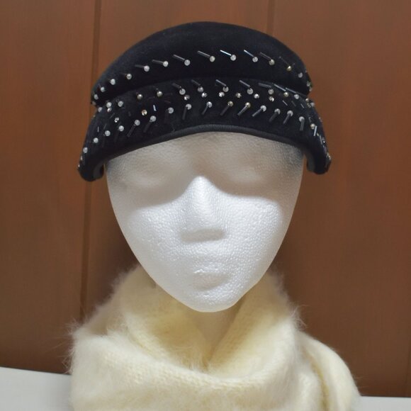 Vintage Biak Black Cocktail Hat Rhinestones Faux Pearls Juliet Cap Made in Italy - Picture 1 of 13